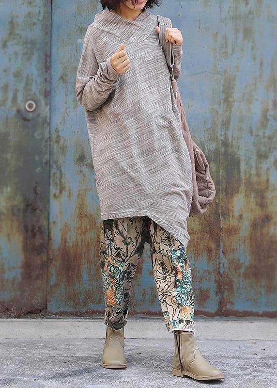 French bige Cotton tunic dressasymmetric tunic long sleeve Dresses - SooLinen