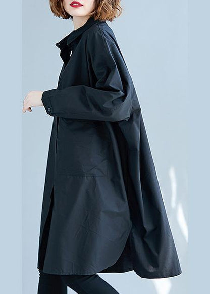 French black Cotton clothes side open Knee fall shirt Dress - SooLinen