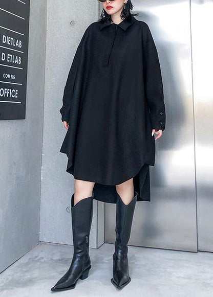 French black Cotton tunic pattern low high design loose POLO collar Dress - SooLinen
