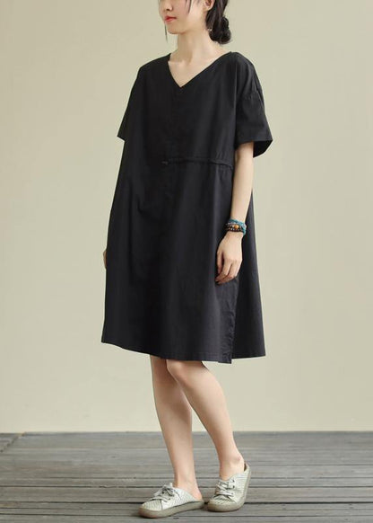 French black Cotton tunic pattern v neck patchwork shift Dress - SooLinen