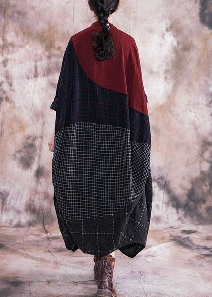 French black Plaid cotton quilting clothes v neck patchwork cotton robes fall Dresses - SooLinen