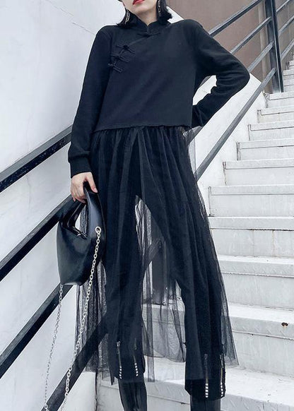 French black Tunics stand collar patchwork tulle spring Dresses - SooLinen