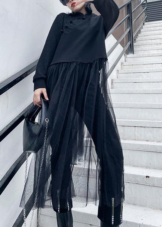 French black Tunics stand collar patchwork tulle spring Dresses - SooLinen