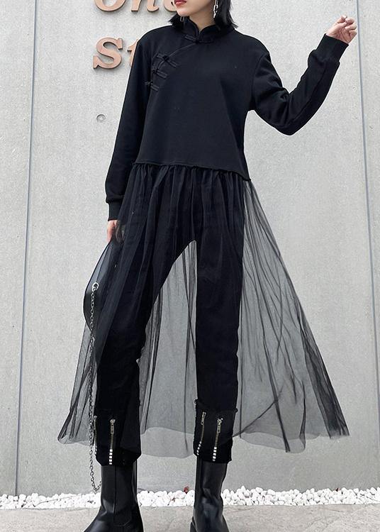 French black Tunics stand collar patchwork tulle spring Dresses - SooLinen