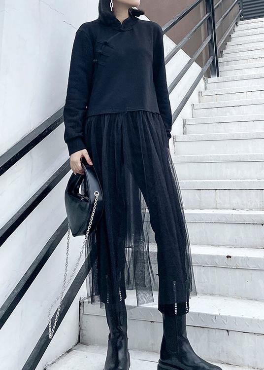 French black Tunics stand collar patchwork tulle spring Dresses - SooLinen