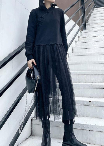 French black Tunics stand collar patchwork tulle spring Dresses - SooLinen