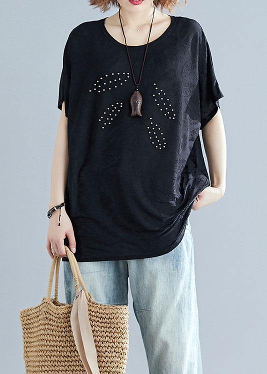 French black blended crane tops o neck loose summer tops - SooLinen