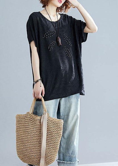 French black blended crane tops o neck loose summer tops - SooLinen
