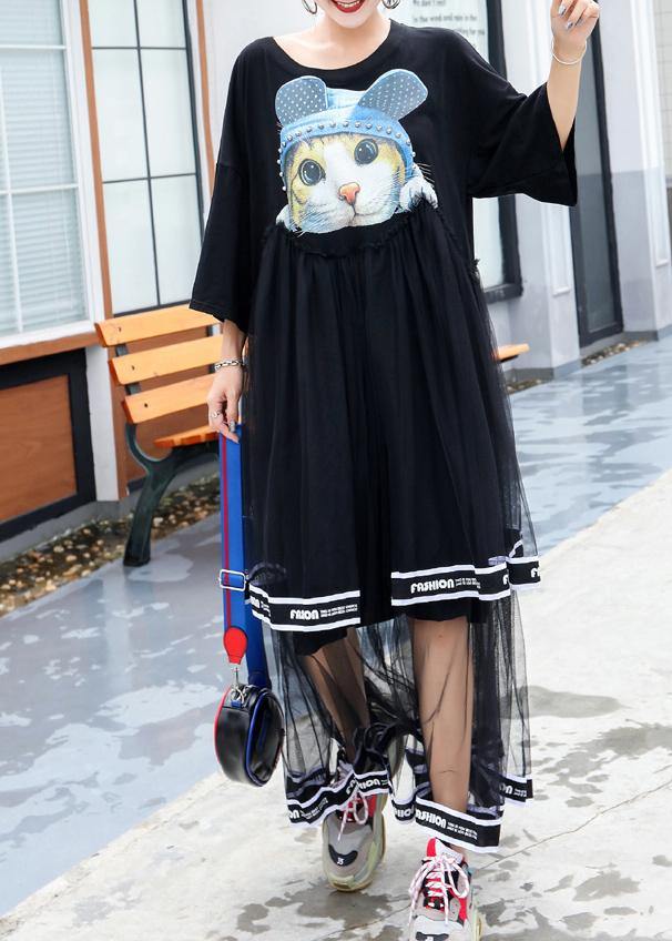 French black cotton Long Shirts patchwork tulle Plus Size  summer Dresses - SooLinen