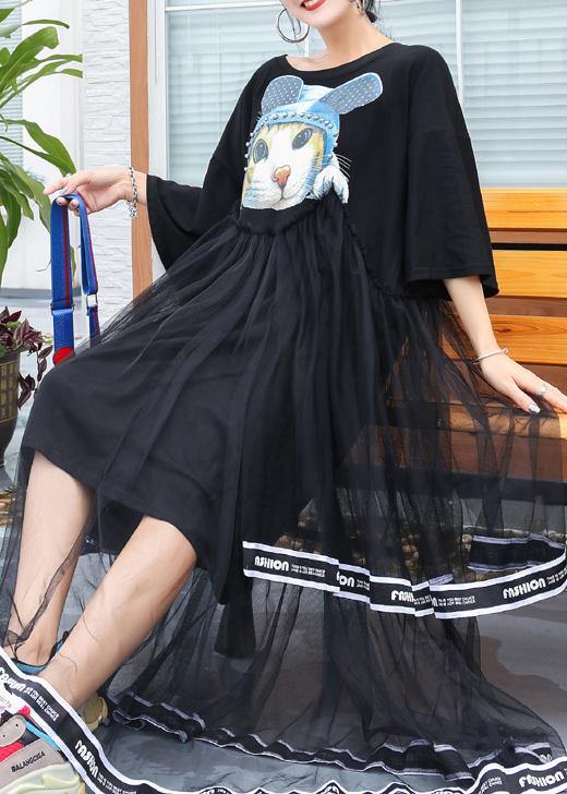 French black cotton Long Shirts patchwork tulle Plus Size  summer Dresses - SooLinen