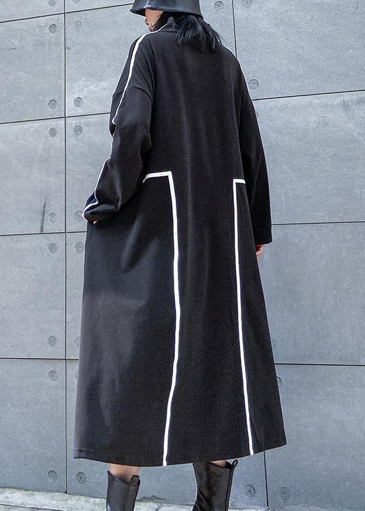 French black cotton Tunics patchwork color cotton stand collar Dresses - SooLinen