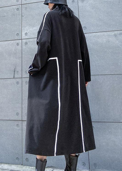 French black cotton Tunics patchwork color cotton stand collar Dresses - SooLinen