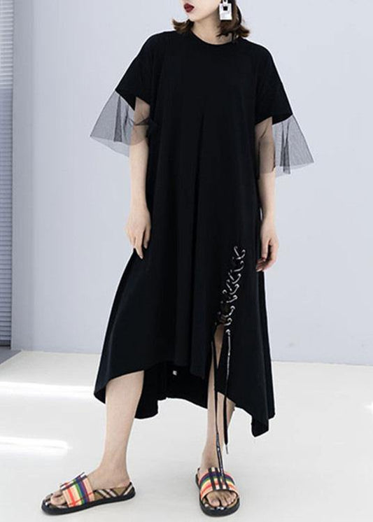 French black cotton Wardrobes side open drawstring cotton robes summer Dresses - SooLinen