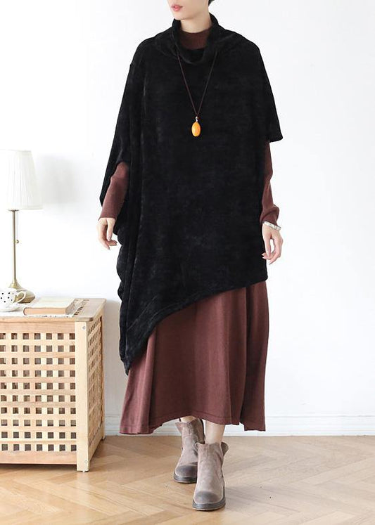 French black cotton clothes For Women high neck asymmetric daily blouse - SooLinen