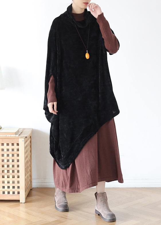 French black cotton clothes For Women high neck asymmetric daily blouse - SooLinen