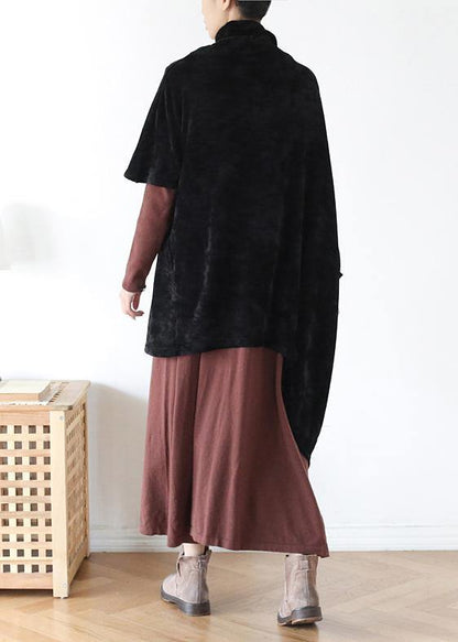 French black cotton clothes For Women high neck asymmetric daily blouse - SooLinen