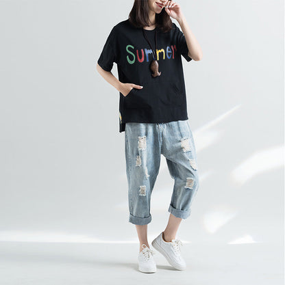 Französische schwarze Baumwollkleidung für Frauen, stilvolle Arbeitsoutfits, O-Ausschnitt, Buchstaben-Silhouette-Top