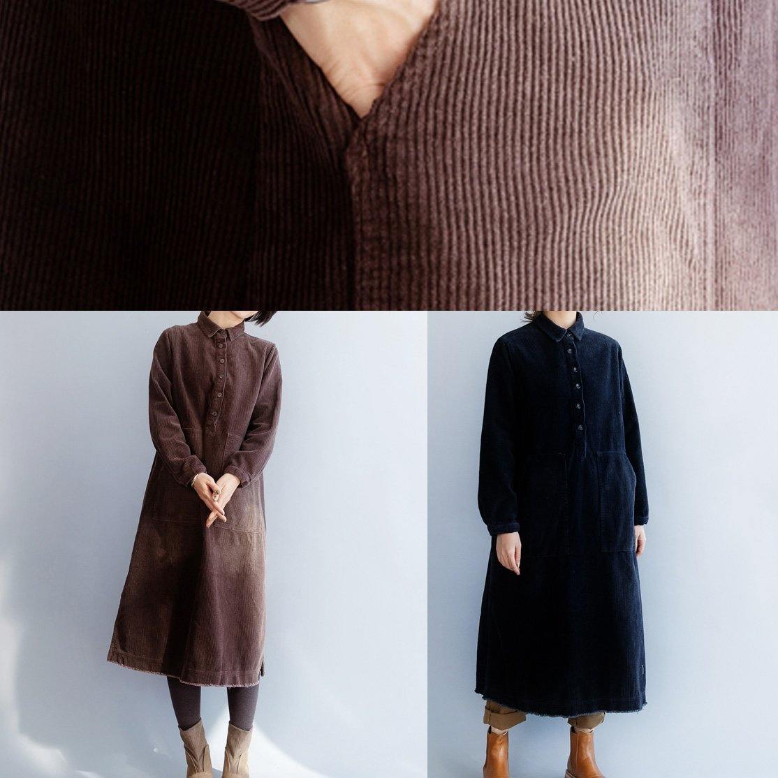 French black cotton clothes Women side open Plus Size lapel collar Dress - SooLinen