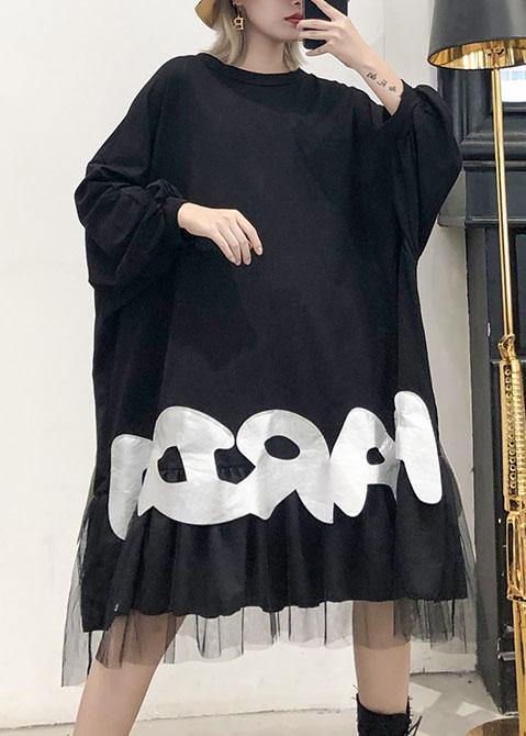 French black cotton dress o neck A Line patchwork Dress - SooLinen