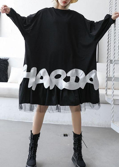 French black cotton dress o neck A Line patchwork Dress - SooLinen