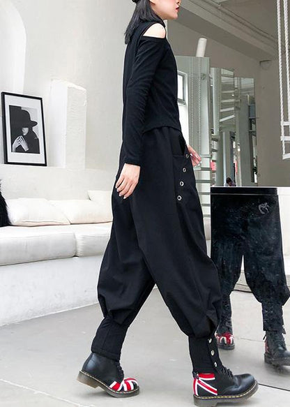 French black cotton shirts women asymmetric hollow out Art top - SooLinen