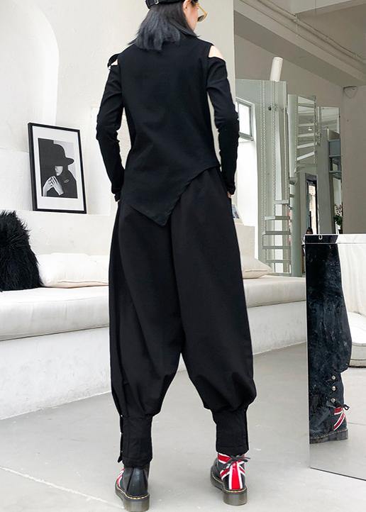 French black cotton shirts women asymmetric hollow out Art top - SooLinen