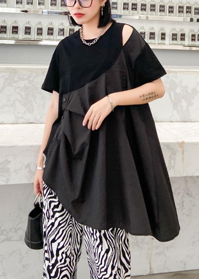 French black cotton tunic top o neck patchwork baggy shirts - SooLinen