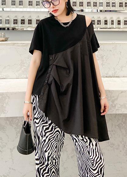 French black cotton tunic top o neck patchwork baggy shirts - SooLinen
