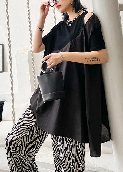French black cotton tunic top o neck patchwork baggy shirts - SooLinen