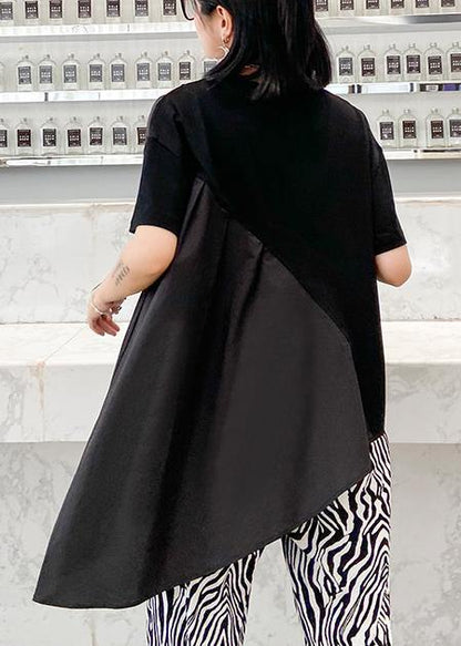 French black cotton tunic top o neck patchwork baggy shirts - SooLinen