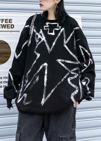 French black cotton tunics for women prints daily o neck blouses - SooLinen