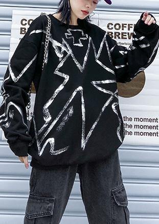 French black cotton tunics for women prints daily o neck blouses - SooLinen