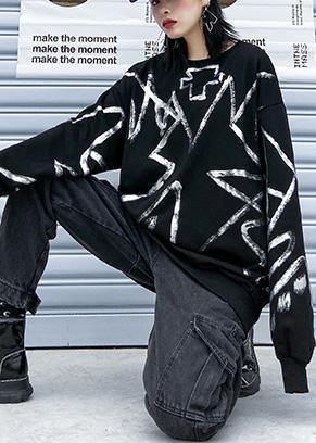 French black cotton tunics for women prints daily o neck blouses - SooLinen