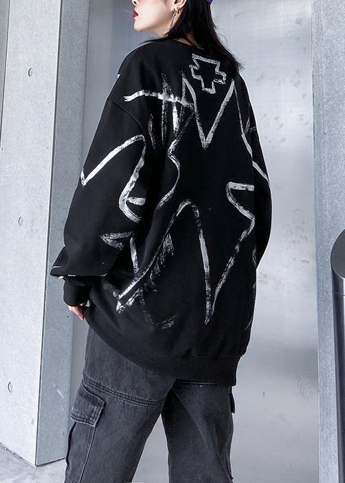 French black cotton tunics for women prints daily o neck blouses - SooLinen