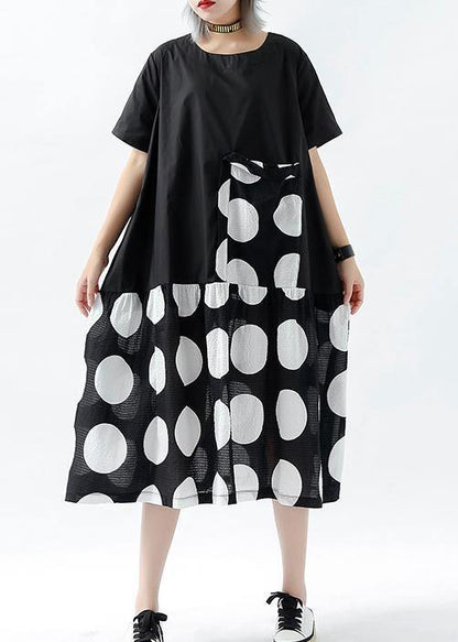 French black dotted linen cotton tunic top patchwork pockets Plus Size Clothing summer Dress - SooLinen