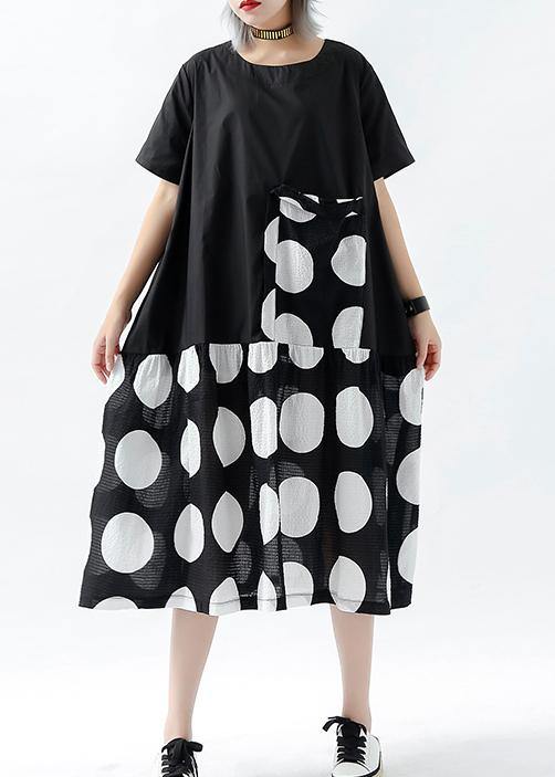 French black dotted linen cotton tunic top patchwork pockets Plus Size Clothing summer Dress - SooLinen