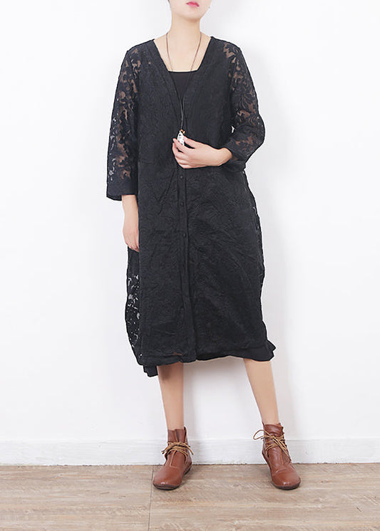 Französische schwarze Spitzenkleidung für Frauen Omychic Arbeitsoutfits mit V-Ausschnitt, lockere Sommer-Strickjacke mit Aushöhlen