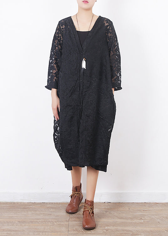 Französische schwarze Spitzenkleidung für Frauen Omychic Arbeitsoutfits mit V-Ausschnitt, lockere Sommer-Strickjacke mit Aushöhlen