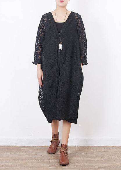 Französische schwarze Spitzenkleidung für Frauen Omychic Arbeitsoutfits mit V-Ausschnitt, lockere Sommer-Strickjacke mit Aushöhlen