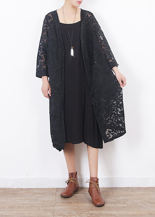 Französische schwarze Spitzenkleidung für Frauen Omychic Arbeitsoutfits mit V-Ausschnitt, lockere Sommer-Strickjacke mit Aushöhlen