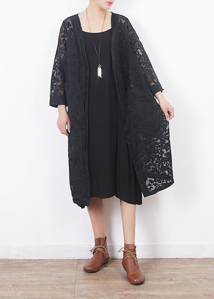 Französische schwarze Spitzenkleidung für Frauen Omychic Arbeitsoutfits mit V-Ausschnitt, lockere Sommer-Strickjacke mit Aushöhlen