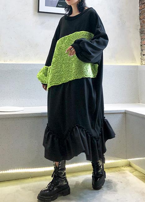 French black patchwork cotton tunic top ruffles long winter Dress - SooLinen