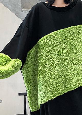 French black patchwork cotton tunic top ruffles long winter Dress - SooLinen