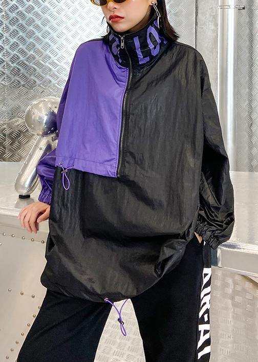 French black patchwork purple top Fabrics drawstring blouse - SooLinen