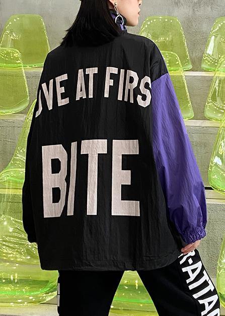 French black patchwork purple top Fabrics drawstring blouse - SooLinen