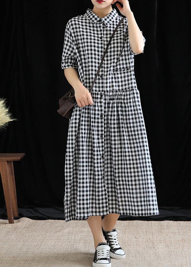 French black plaid linen Long Shirts lapel Cinched cotton robes Dress - SooLinen