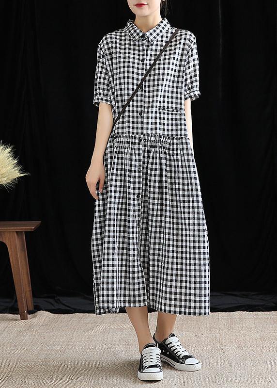 French black plaid linen Long Shirts lapel Cinched cotton robes Dress - SooLinen