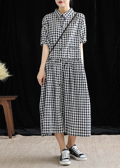 French black plaid linen Long Shirts lapel Cinched cotton robes Dress - SooLinen