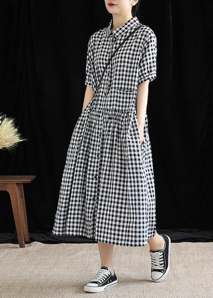 French black plaid linen Long Shirts lapel Cinched cotton robes Dress - SooLinen