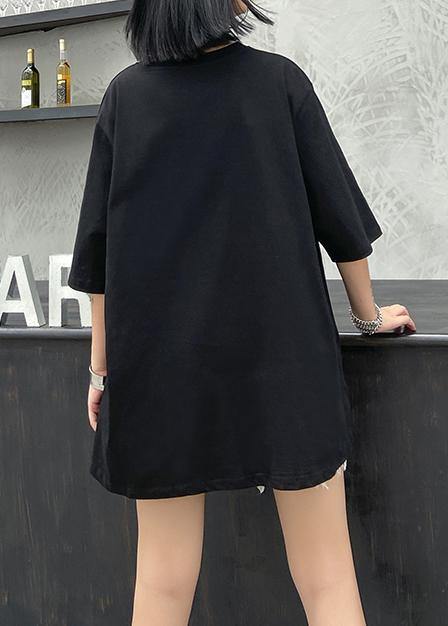 French black print cotton Blouse o neck baggy top - SooLinen